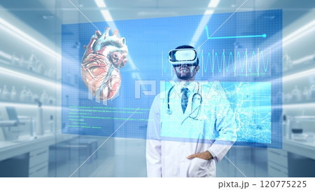 Doctor standing at heart hologram and discuss about heart diagnosis. Apparatus. Doctor standing at heart hologram and discuss about heart diagnosis. Apparatus. 120775225