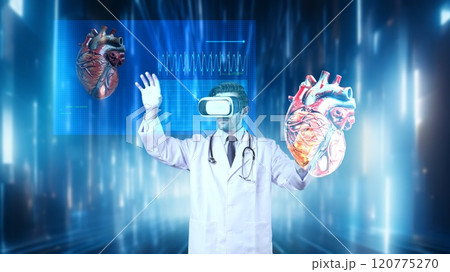 Smart doctor with VR glasses holding and looking at heart hologram. Apparatus. 120775270