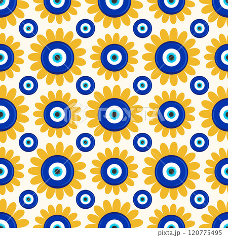 Evil eye Greek seamless pattern. Vector background with blue beads. Turkish nazar - ethnic symbol of protection energy and luck. Mystic amulet with meander ornament. Cute cosmic design Evil eye Greek seamless pattern. Vector background with blue beads. Turkish nazar - ethnic symbol of protection energy and luck. Mystic amulet with meander ornament. Cute cosmic design 120775495