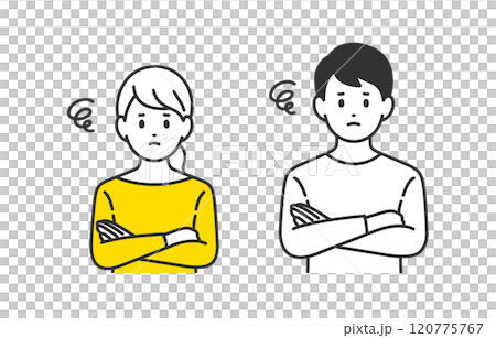 腕を組んで悩むポーズをする若い男女･夫婦のセット【人物ベクターイラスト素材】 120775767