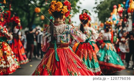 地域のお祭りで使われる伝統的な衣装と華やかな装飾 地域のお祭りで使われる伝統的な衣装と華やかな装飾 120776036