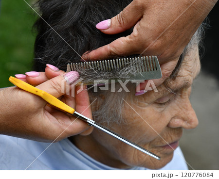 Hairdresser hands hold scissors and comb to cut gray hair of 80s senior woman with wrinkled skin face. Haircut of my granny at home while quarantine 120776084