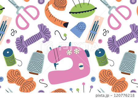 Vector illustration of colorful and cheerful sewing pattern, set of spools, needles, scissors, and sewing tools on white background, needlework doodles and sewing machine in cartoon style Vector illustration of colorful and cheerful sewing pattern, set of spools, needles, scissors, and sewing tools on white background, needlework doodles and sewing machine in cartoon style 120776218