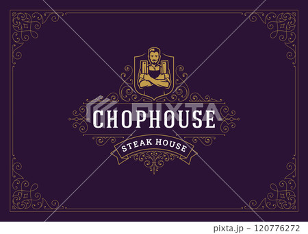 Classic vintage floral motif golden ornate logo butchery butcher shop design template vector Classic vintage floral motif golden ornate logo butchery butcher shop design template vector 120776272