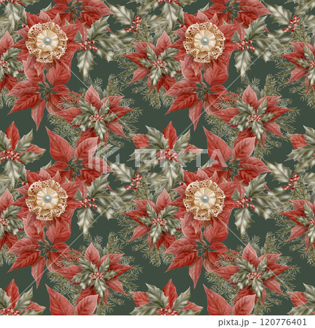 Vintage Christmas seamless pattern of poinsettia and spruce branches with holly and berries,lace bow brooch as a symbol of holiday.Watercolor illustration on green background for for fabric,packaging 120776401