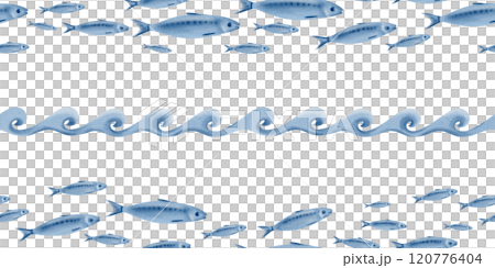 Sardine fish and a stylized ocean wave in seamless pattern swimming in a shoal watercolor illustration on a transparent background for fish restaurants,websites,posters,fish markets and stores 120776404
