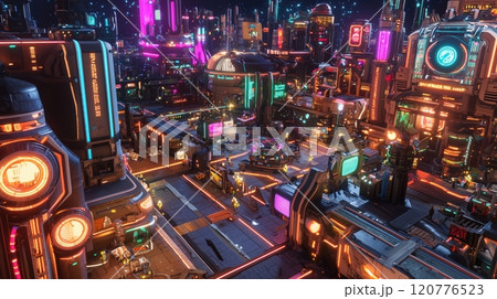 ネオンが輝くサイバーパンクの街並みと未来的な建築 120776523