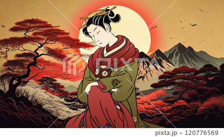 座っている和服女性（背景：生成AI） 120776569