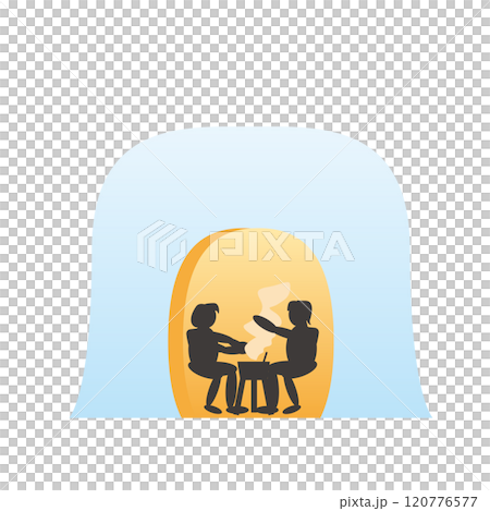 Illustration of a couple enjoying hotpot in a snow hut Illustration of a couple enjoying hotpot in a snow hut 120776577