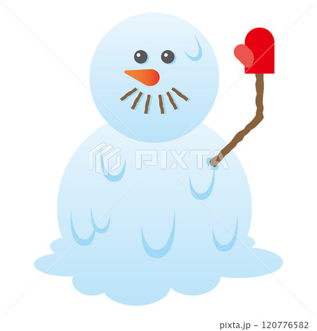 溶けはじめているが手を振る日本風2段雪だるまのイラスト 溶けはじめているが手を振る日本風2段雪だるまのイラスト 120776582