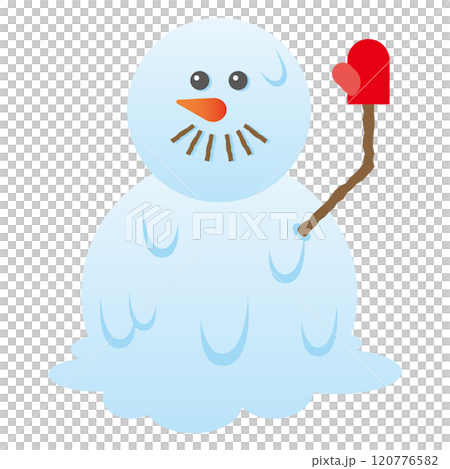 溶けはじめているが手を振る日本風2段雪だるまのイラスト 溶けはじめているが手を振る日本風2段雪だるまのイラスト 120776582