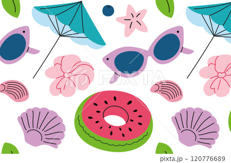 Bright and colorful summer beach pattern, watermelon inflatable ring, shells, sunglasses, tropical flowers, sun umbrella. Perfect for vacation and tropical designs, traveling to exotic resort 120776689