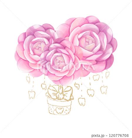 Watercolor gift from fairy tooth. Congratulation first teeth. Dental clip art with flowers, roses. Cartoon clip art Watercolor gift from fairy tooth. Congratulation first teeth. Dental clip art with flowers, roses. Cartoon clip art 120776708