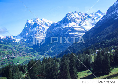 グリンデルワルトの牧草地から　ベルナーアルプスの山々を望む　　グリンデルワルト　スイス 120776728