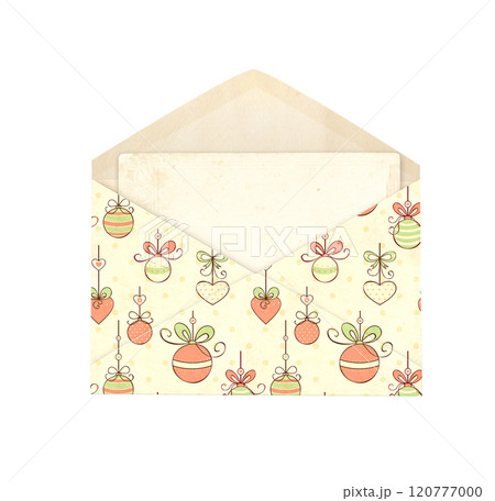 Font view of vintage opened paper envelope with Christmas pattern and retro card inside. Old letter in shabby chic style and blank card. Isolated on white background. Holiday decor for scrapbooking Font view of vintage opened paper envelope with Christmas pattern and retro card inside. Old letter in shabby chic style and blank card. Isolated on white background. Holiday decor for scrapbooking 120777000