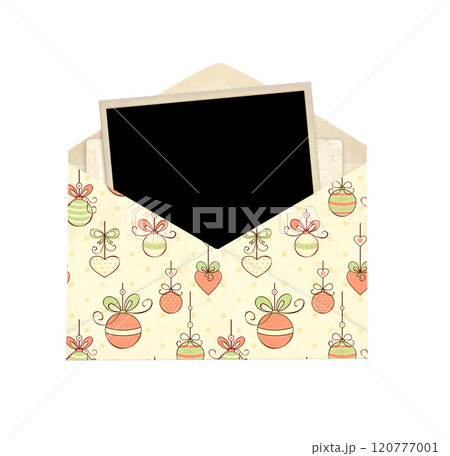 Top view of blank vintage opened letter with Christmas pattern and photo and card inside. Retro photo in old envelope with blank card. Isolated on white background. Holiday decor for scrapbooking 120777001
