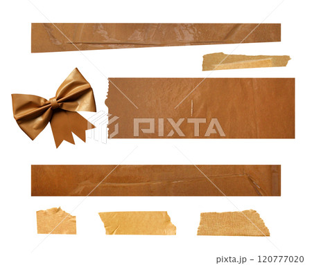 Adhesive tape stripes and bow set. Duct tape part collection. Isolated on white background 120777020