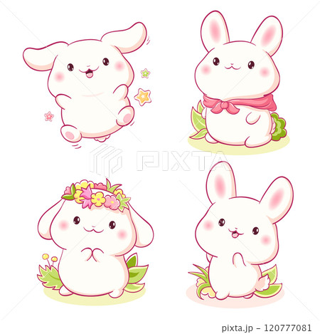 Set of little bunny in kawaii style. Tiny baby rabbits in multiple poses. Cute rabbit expression sheet collection. Can be used for t-shirt print, sticker, greeting card. Vector EPS8 120777081