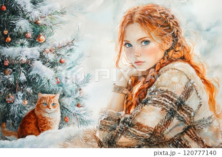 Watercolor, girl redhead and blue eyes, sitting with red cat. 120777140