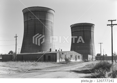 Large, cylindrical cooling towers, black-white. 120777141