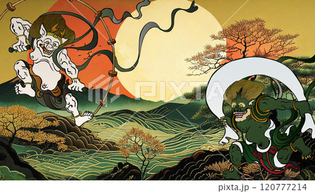 和風な背景と風神雷神（背景：生成AI）	 120777214