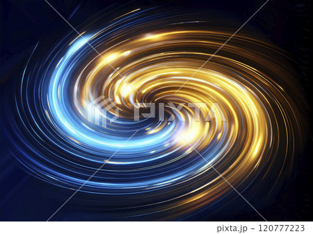 闇に渦巻き回転する青色と金色の光　 120777223