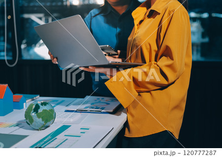 ESG environmental social governance display on laptop on eco-friendly company meeting with business people implementing environmental protection for clean and sustainable future ecology. Trailblazing 120777287