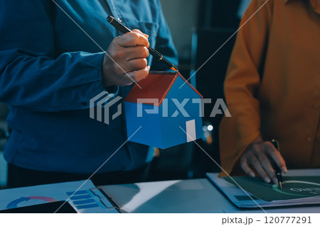 ESG environmental social governance display on laptop on eco-friendly company meeting with business people implementing environmental protection for clean and sustainable future ecology. Trailblazing ESG environmental social governance display on laptop on eco-friendly company meeting with business people implementing environmental protection for clean and sustainable future ecology. Trailblazing 120777291