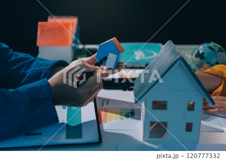 ESG environmental social governance display on laptop on eco-friendly company meeting with business people implementing environmental protection for clean and sustainable future ecology. Trailblazing 120777332