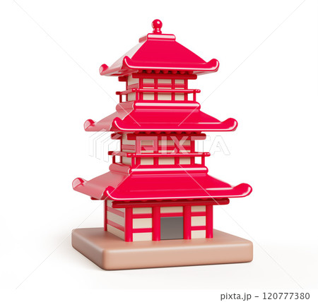 Japanese pagoda red tower cartoon 3d render icon. Traditional Japan or China architecture, buddhist or hindu building, asian house, temple or palace isolated on white background. 3D illustration Japanese pagoda red tower cartoon 3d render icon. Traditional Japan or China architecture, buddhist or hindu building, asian house, temple or palace isolated on white background. 3D illustration 120777380