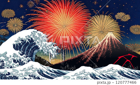 凱風快晴＆波＆花火（背景：生成AI）	 120777466