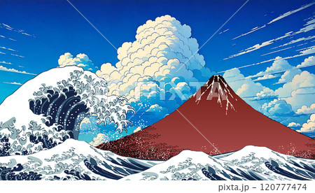 神奈川沖浪裏＆凱風快晴（背景：生成AI）	 120777474