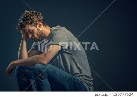 Young man sits with his head down, lost in thought. He wears a simple gray t-shirt and jeans. The dim lighting enhances the mood of contemplation and introspection. 120777524