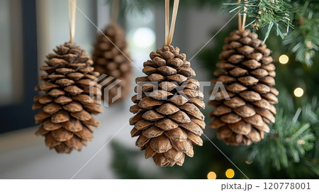 Four natural pine cone ornaments hanging on a Christmas tree, festive decoration, winter holidays, cozy atmosphere Four natural pine cone ornaments hanging on a Christmas tree, festive decoration, winter holidays, cozy atmosphere 120778001