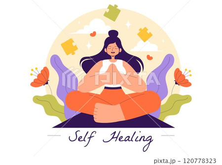 Self Healing Vector Illustration featuring a Woman Meditating and Restoring Mental Health and Inner Harmony through Yoga in a Flat Style Background 120778323