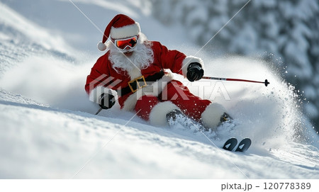 Santa Claus Skiing Down a Snowy Slope, Festive Winter Sports and Holiday Cheer 120778389