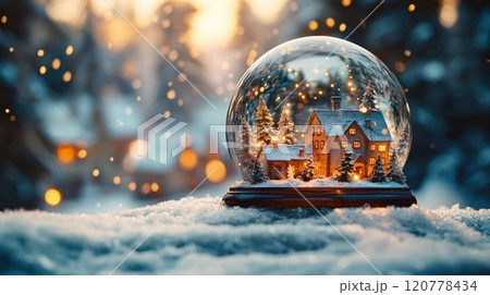 Christmas snow globe with cozy house at sunset in winter forest. Festive New Year magical decoration with falling snow. Concept of winter holidays, Christmas, celebration, warmth, comfort. 120778434