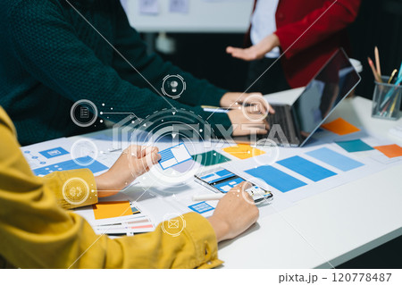 Asian businessman and woman people meeting in office. Employee brainstorm and work as team, plan 120778487