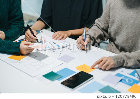 UX graphic designer planning application process development prototype wireframe for web smart phone. 120778496