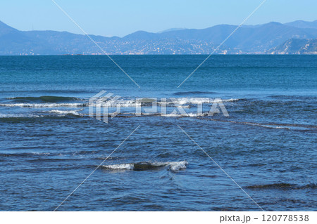Waves on the Mediterranean Sea. Nature and mountains of Italy. Setri Levante, Liguria. Waves on the Mediterranean Sea. Nature and mountains of Italy. Setri Levante, Liguria. 120778538