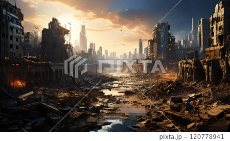 廃墟ビル街の風景（AI生成画像） 120778941