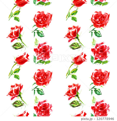Pattern of bright red rose with green leaf in juicy watercolor. It is hand-drawn in bright juicy strokes of bright red, scarlet color. The rose petals are open on white background. Blossoming flowers 120778946