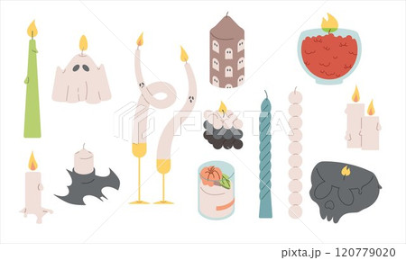 Various Candles. Different shapes and sizes. Pillar, jar candle. Vector set 120779020
