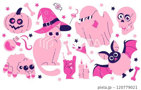 Pink Halloween vector set with cat, ghost, skull, spider, bat, pumpkin, stars, bones. Pink print in flat style. Pink Halloween vector set with cat, ghost, skull, spider, bat, pumpkin, stars, bones. Pink print in flat style. 120779021