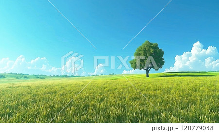 広がる草原と一本の木 - 高解像度で描かれる青空と大地の穏やかな風景 120779038