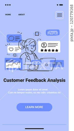 Customer feedback analysis concept doodle style woman analyzing data on laptop with charts stars and messages blue background mobile app screen 120779168