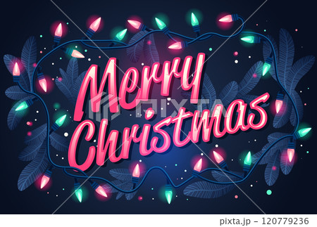 Christmas lights and festive theme with colorful bulbs and pine branches on dark background holiday design template Christmas lights and festive theme with colorful bulbs and pine branches on dark background holiday design template 120779236