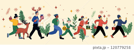 Christmas parade festive characters carrying gifts reindeer ornaments snowflakes greenery colorful attire winter theme holiday celebration website banner Christmas parade festive characters carrying gifts reindeer ornaments snowflakes greenery colorful attire winter theme holiday celebration website banner 120779258