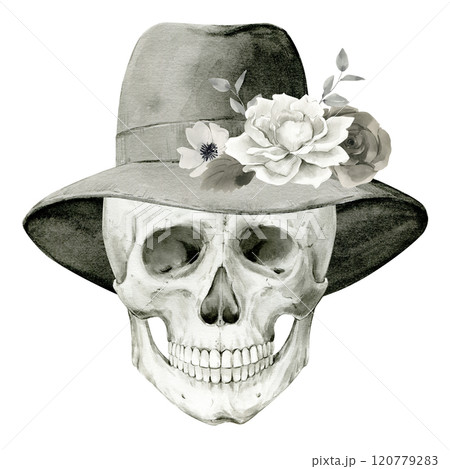 Human skull in black felt hat decorated with flowers. Hand drawn watercolor illustration for day of the dead, halloween, dia de los muertos. Isolated object on white background. 120779283