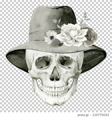 Human skull in black felt hat decorated with flowers. Hand drawn watercolor illustration for day of the dead, halloween, dia de los muertos. Isolated object on white background. 120779283
